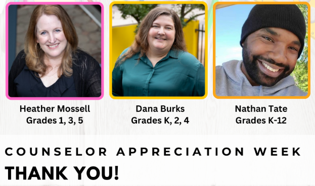 Heather Mossell (Grades 1,3,5), Dana Burks (K, 2, 4), and Nathan Tate (K-12) smile at the camera outside in the courtyard