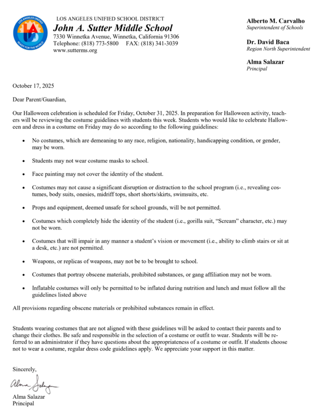 Halloween Letter to parents with details and guidelines