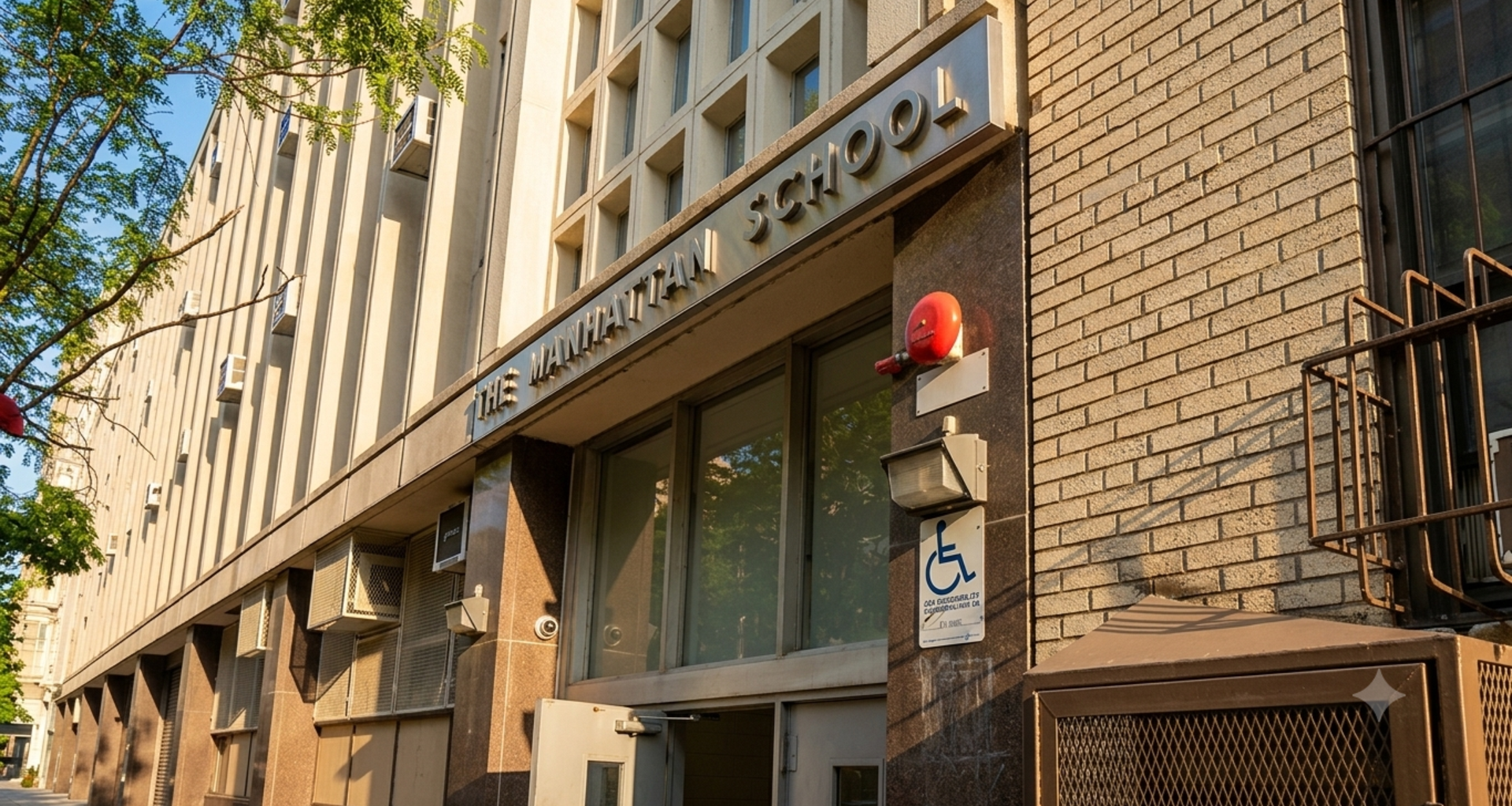 Entrance of The Manhattan School with accessible features and signage.