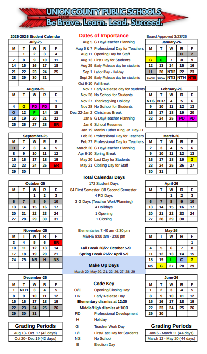 School Year Calendars – About Us – Union County Public Schools