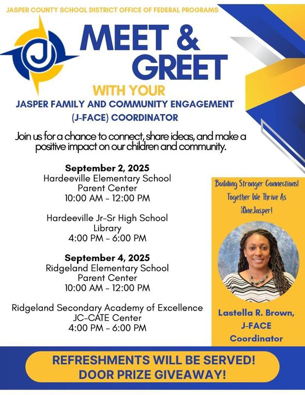 Join Us: MEET & GREET WITH YOUR JASPER FAMILY AND COMMUNITY ENGAGEMENT (J-FACE) COORDINATOR Featured Photo