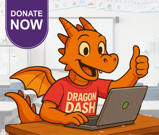 Orange dragon wearing Dragon Dash shirt at a computer with thumbs up and sign saying Donate Now
