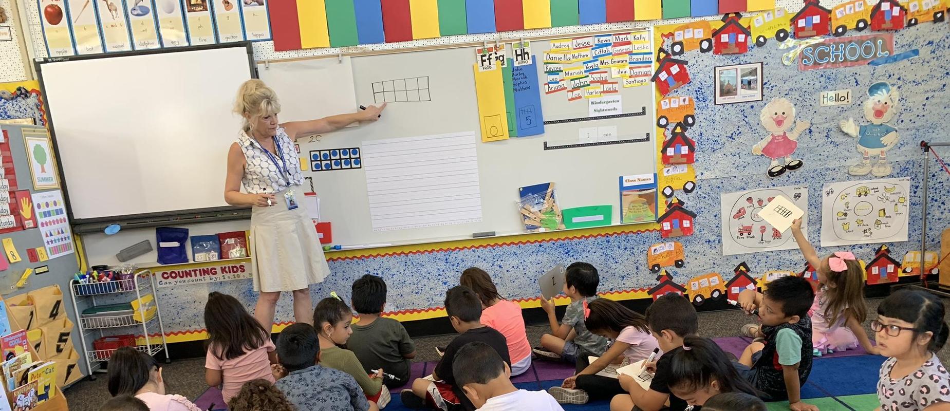 Kinder student classroom watching the teacher give a lesson on ten frames.