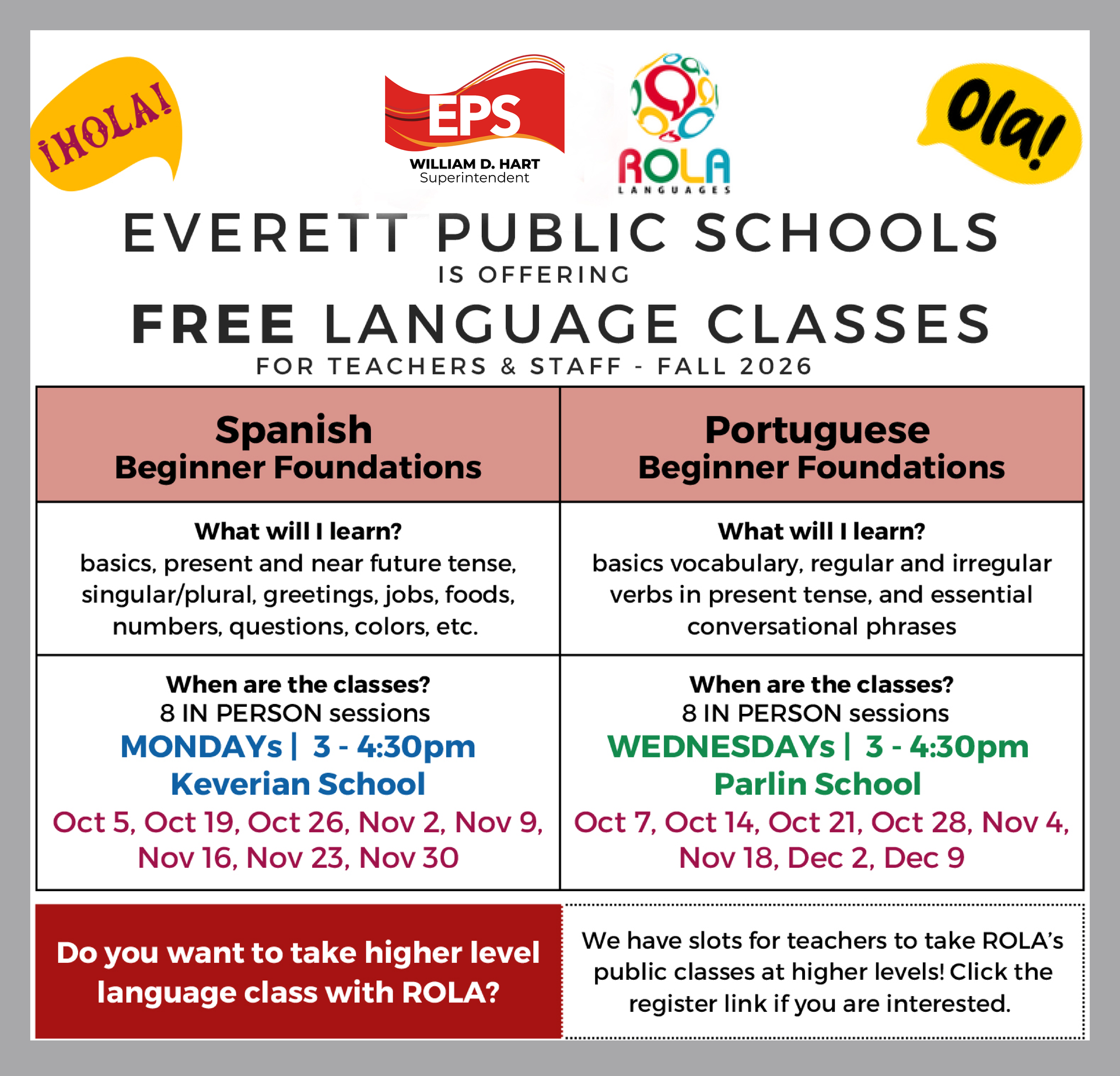 A flyer announcing free language classes, featuring details in both Spanish and Portuguese.