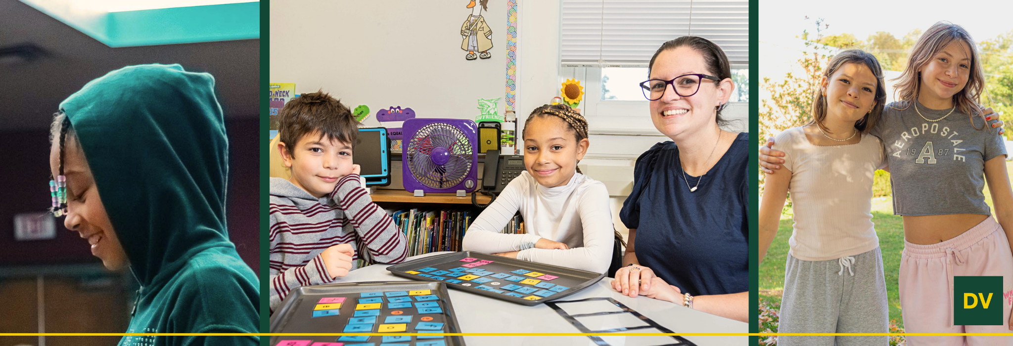 Three images of DV students learning and smiling