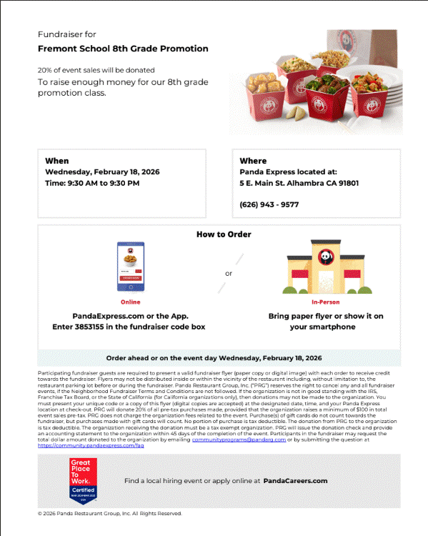 8th grade fundraiser: Panda Express 2/18 Featured Photo