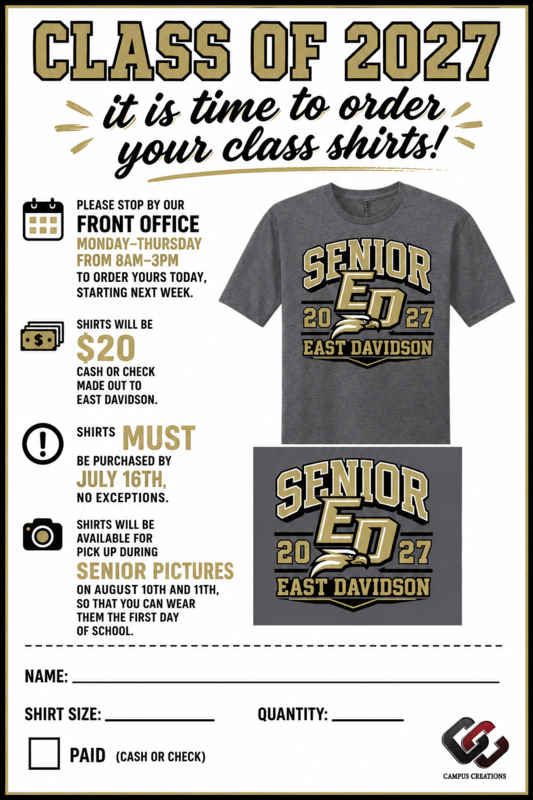 Flyer detailing Class of 2027 senior shirt order dates, office hours, and the July 16th deadline.