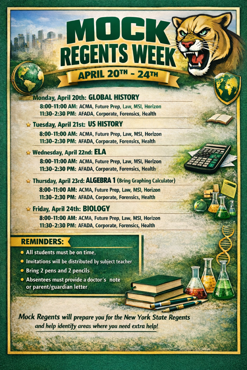 Mock regents flyer with cougar, subject elements and mock regents schedule
