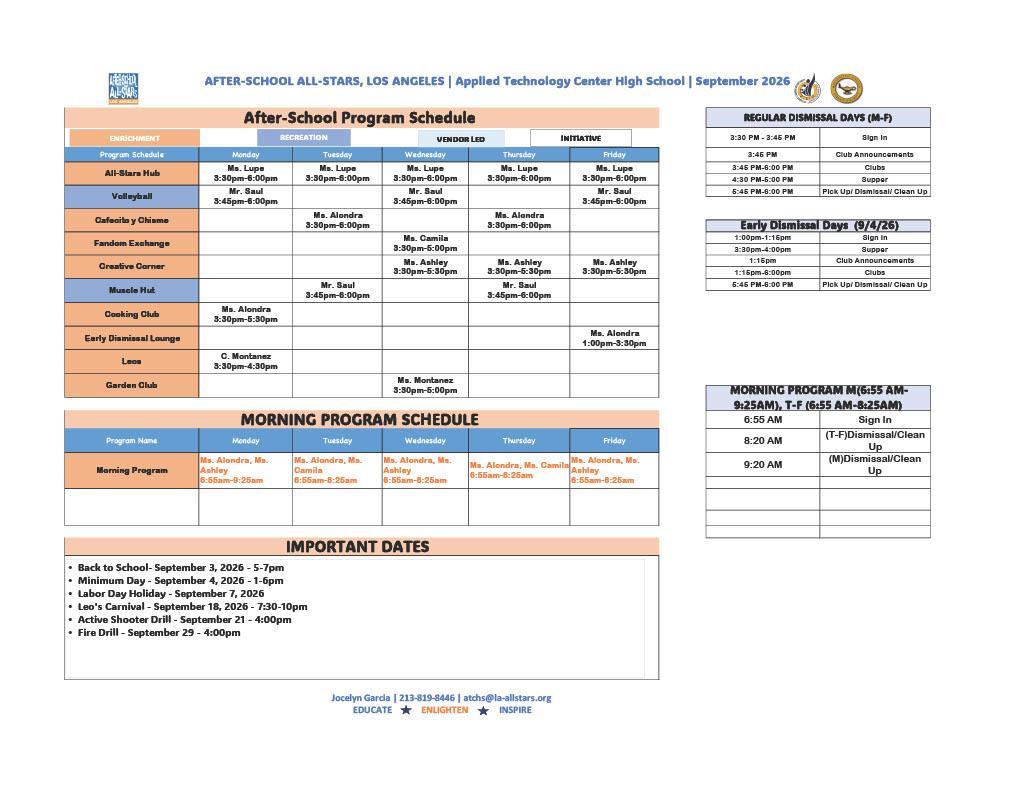 All Stars September Calendar