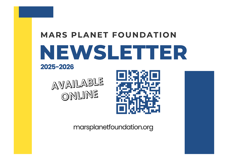 Mars Planet Foundation newsletter with QR code and website link.