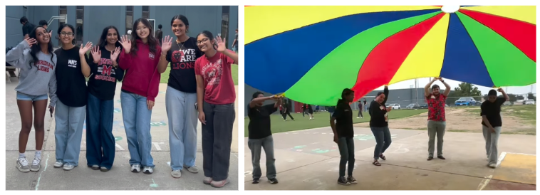 Students stand under a colorful parachute and another group waves and smiles at the camera