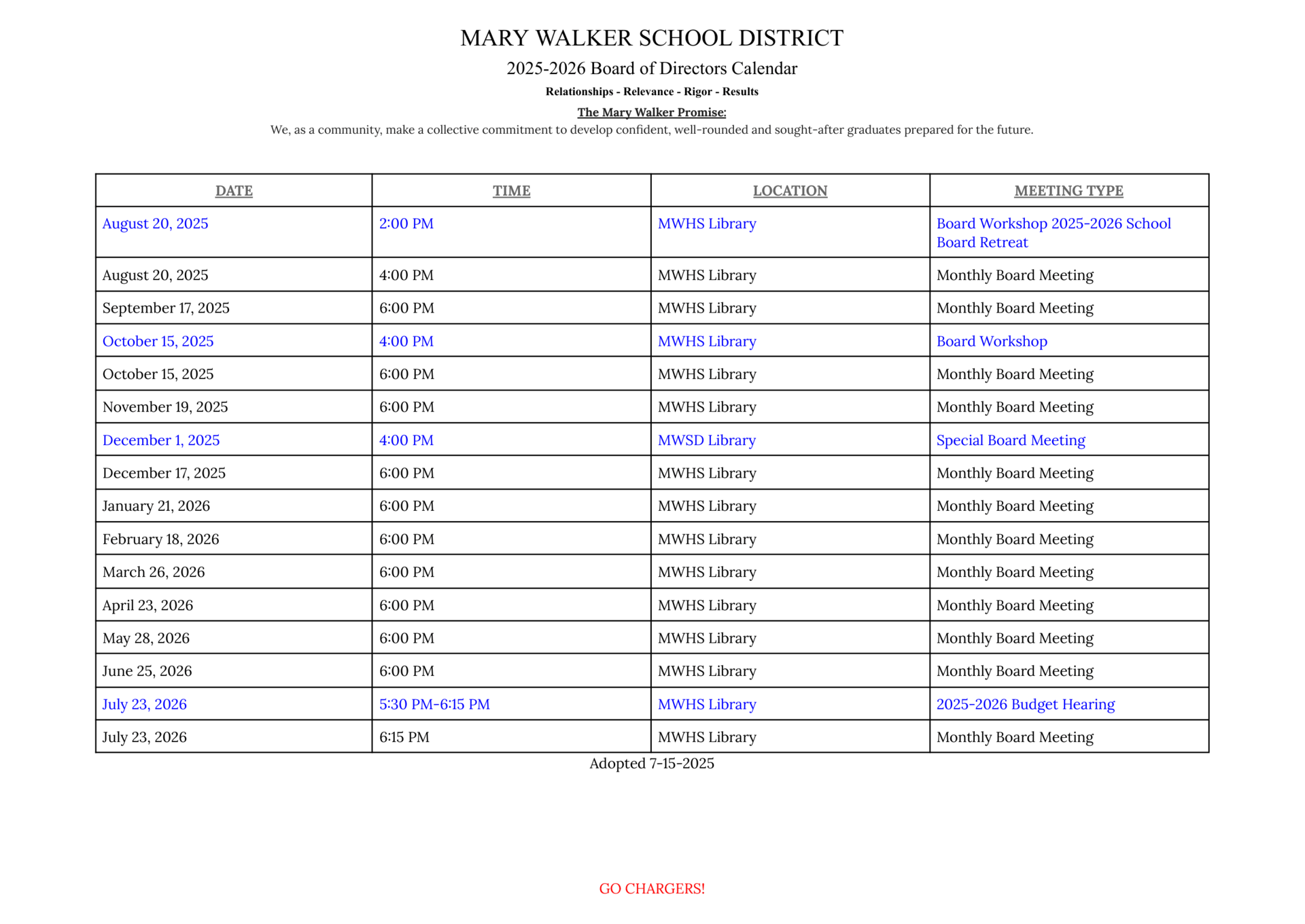 Board Meeting Schedule