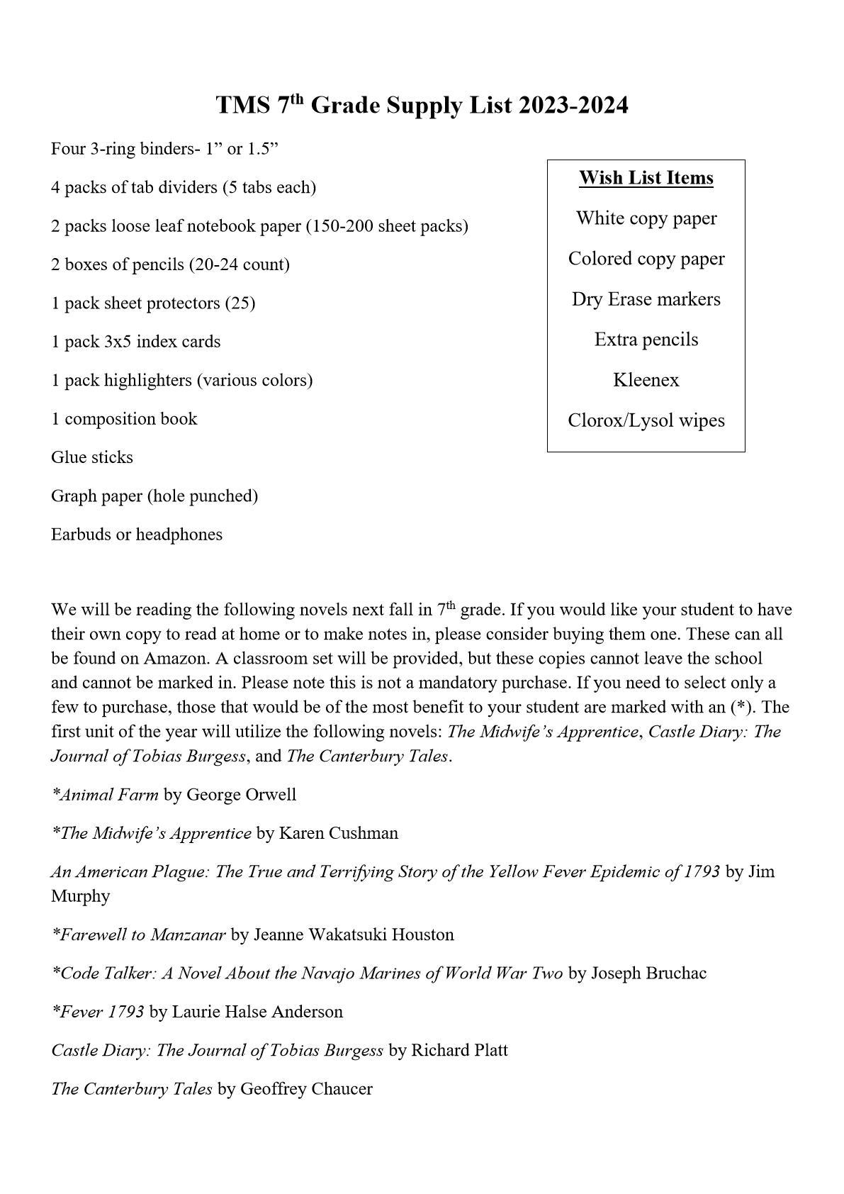 Supply List Seventh Grade Thomas School