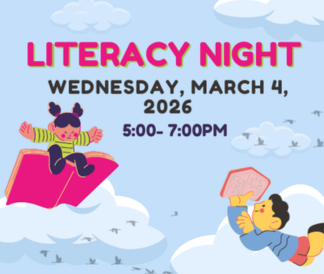 Literacy Night with blue background and clouds and reading