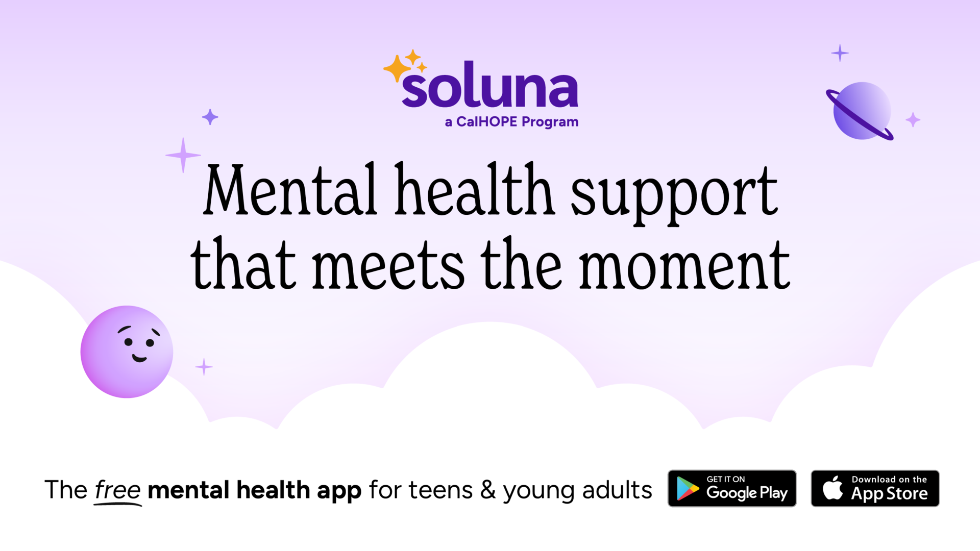 Soluna flyer promoting a free, confidential mental health app for California youth ages 13–25.