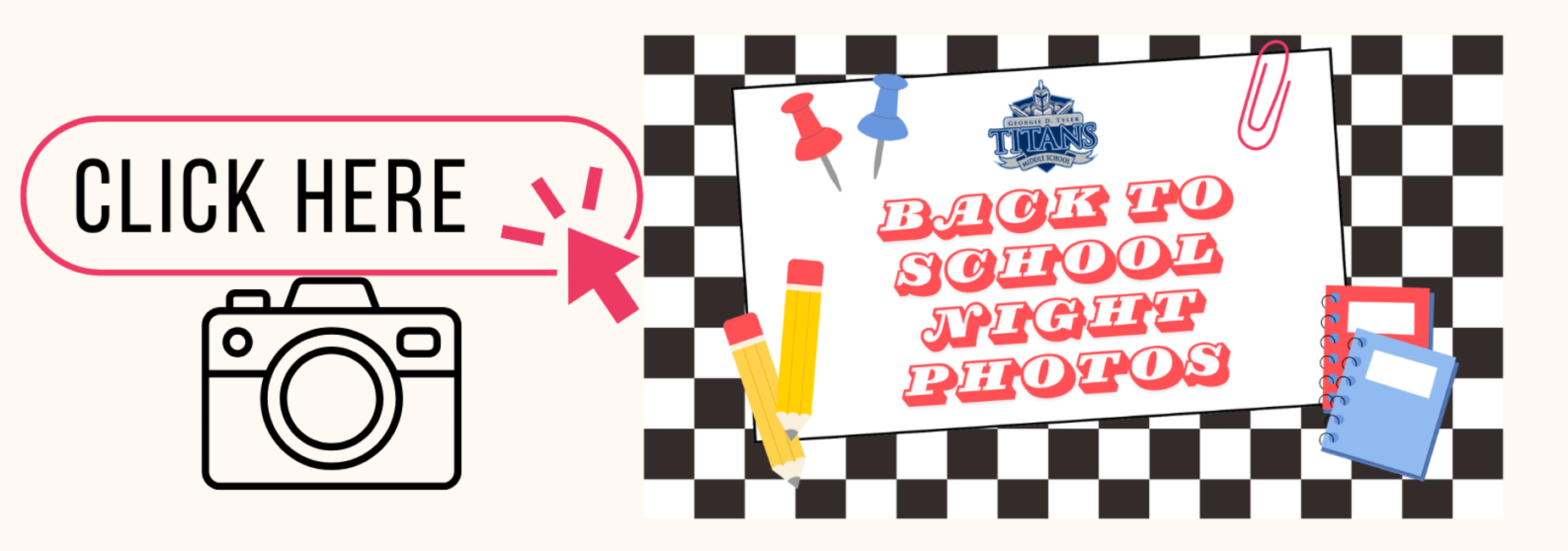 Graphic featuring text about back to school night photos with icons and a clickable link.