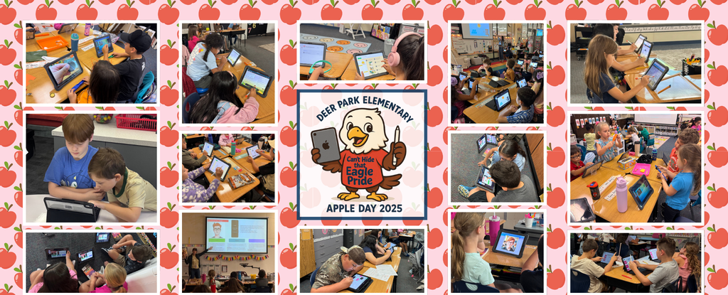 Collage of students using tablets during Apple Day at Deer Park Elementary surrounded by apples.