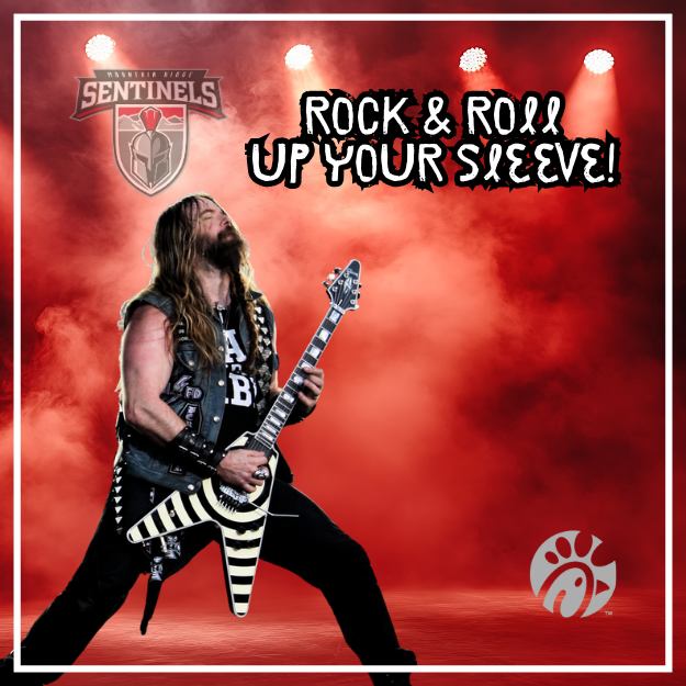Zakk Wylde playing guitar with red stage lights and the text “Rock and Roll Up Your Sleeve.”