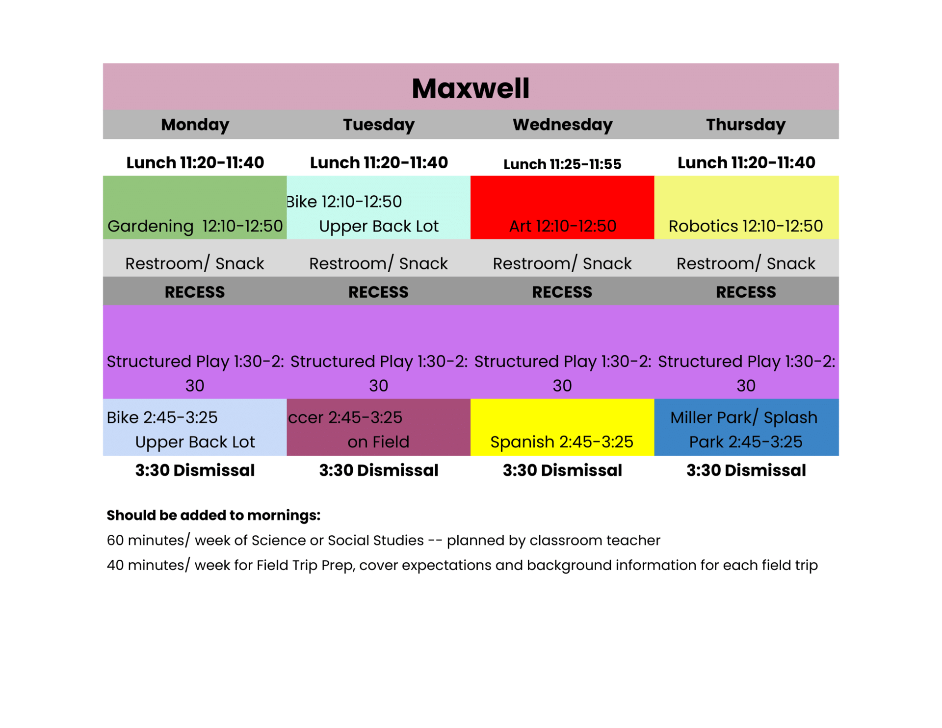 Graphic shows the summer schedule with different colors for each activity.