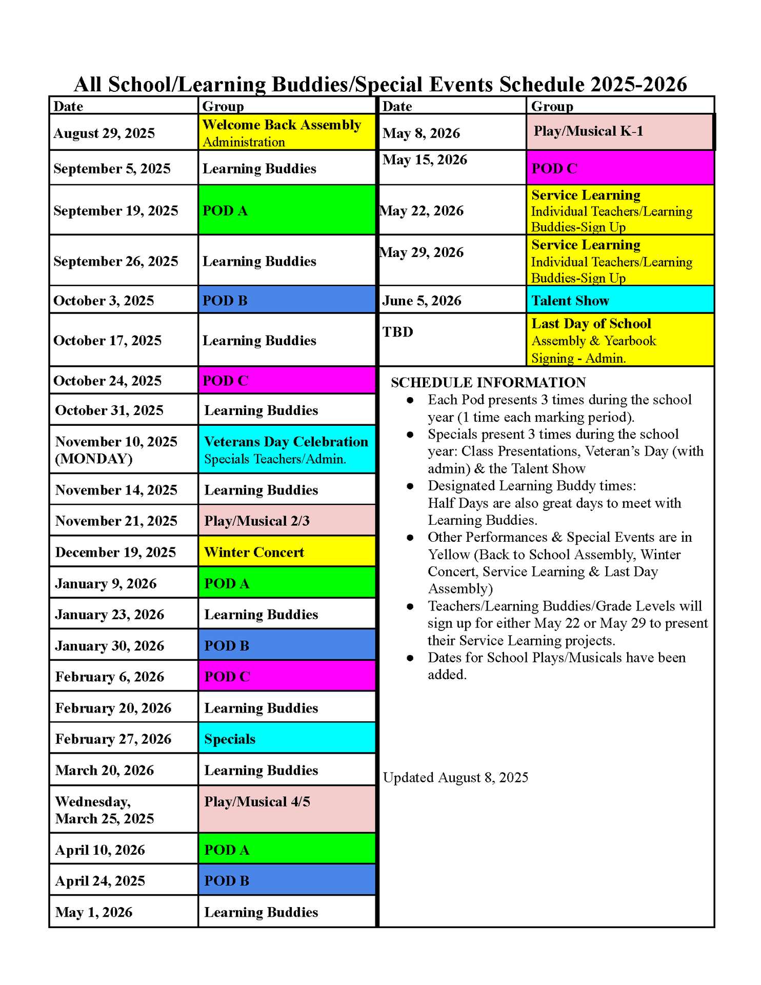 All School Schedule