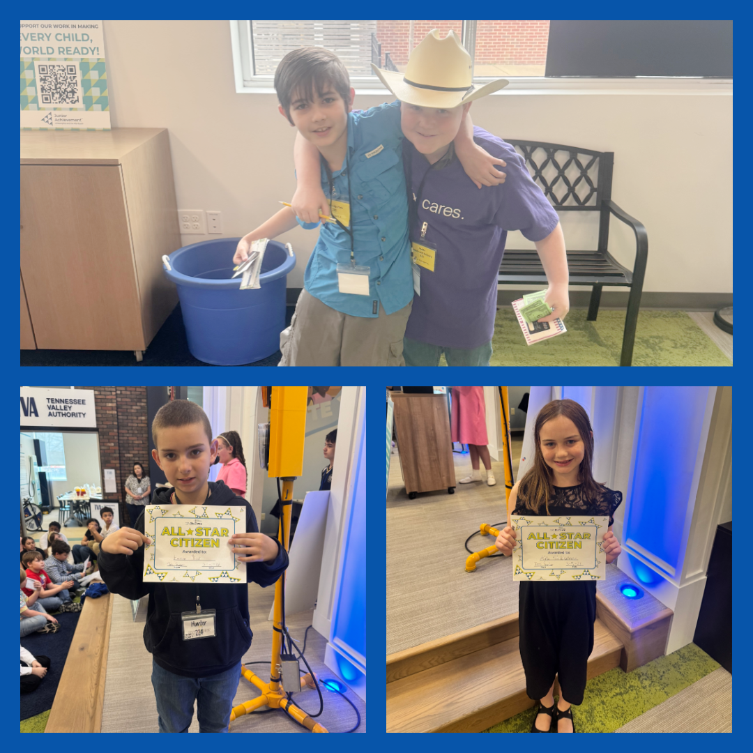 Students pose together and receive “All-Star Citizen” certificates at a school recognition event.