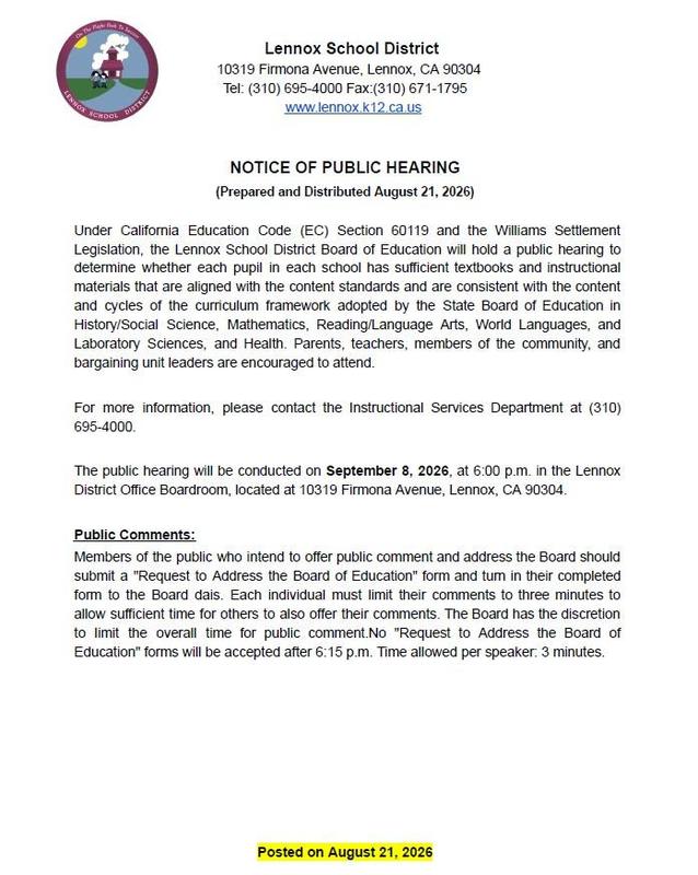 Public Hearing Notice for Sufficiency of Instructional Materials