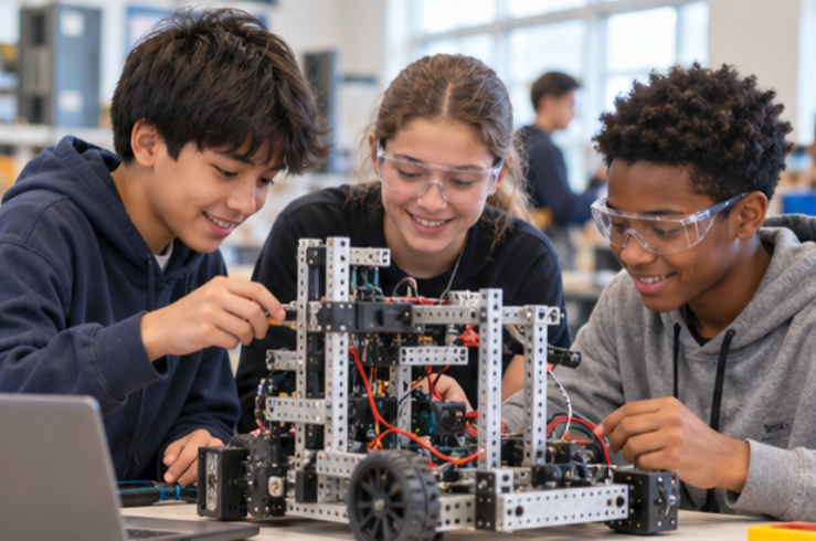 Three students are working on a robot