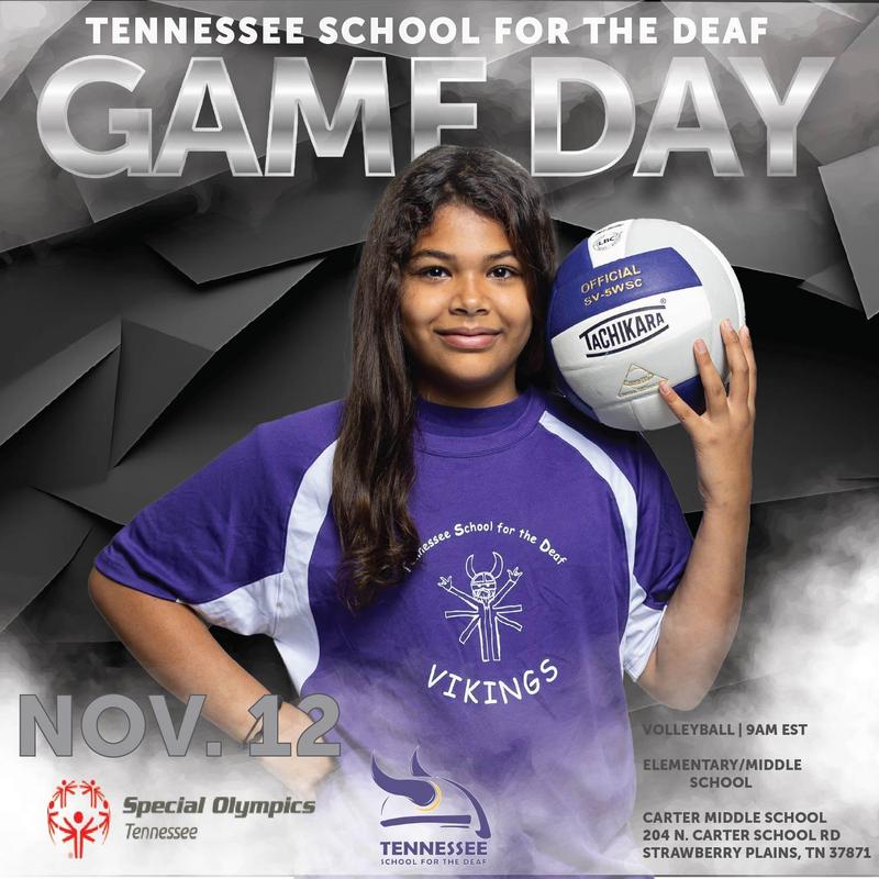Girl posing with a volleyball in her hand to announce the upcoming volleyball game