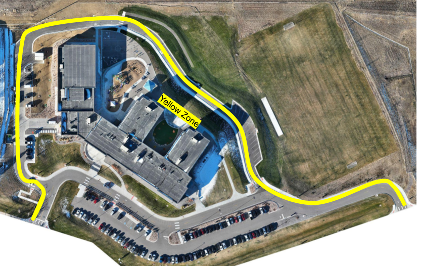 Aerial map showing Yellow Zone traffic route around the school building.