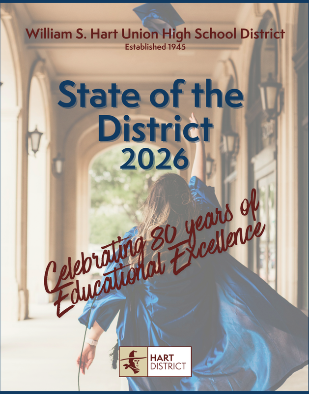 A student in graduation regalia tosses their cap with a text overlay: William S. Hart Union High School District State of the District 2026 Celebrating 80 Years of Educational Excellence