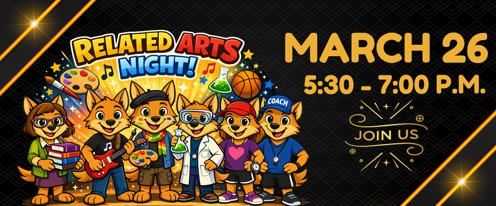 Black and gold background. Coyotes representing different related arts areas.