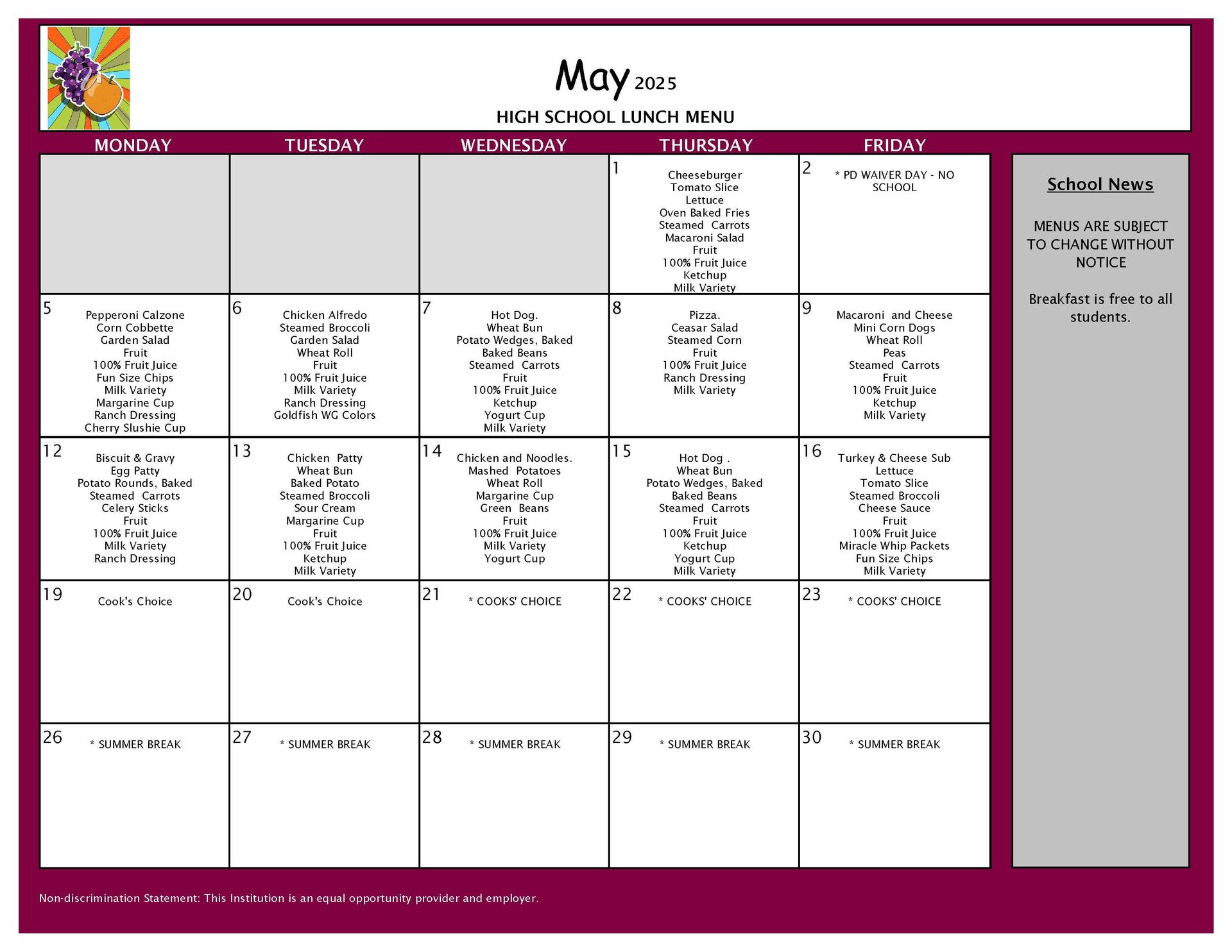 May Lunch Menu 9-12