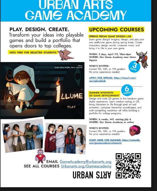 Promotional flyer for Urban Arts Game Academy with course details and characters.