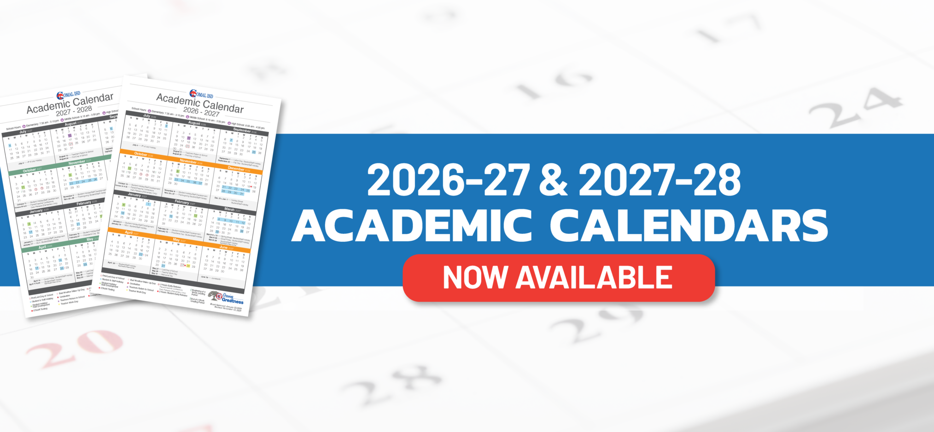2026-27 and 2027-28 academic calendars with a promotional banner.