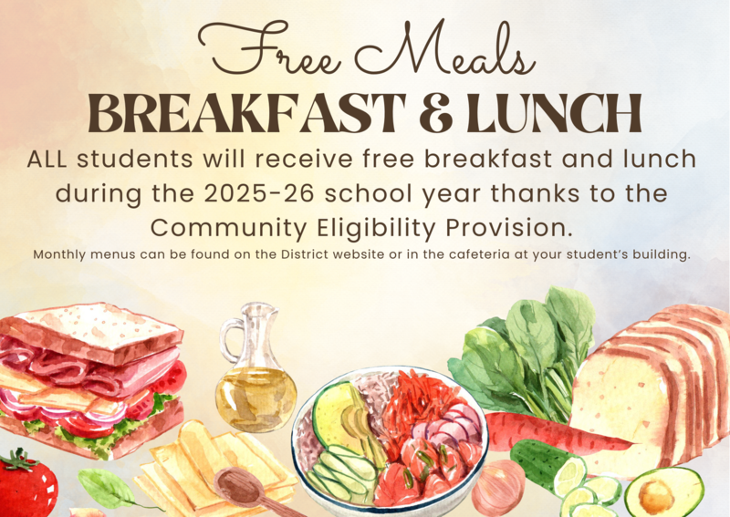 Banner promoting free breakfast and lunch for students, featuring various food illustrations.