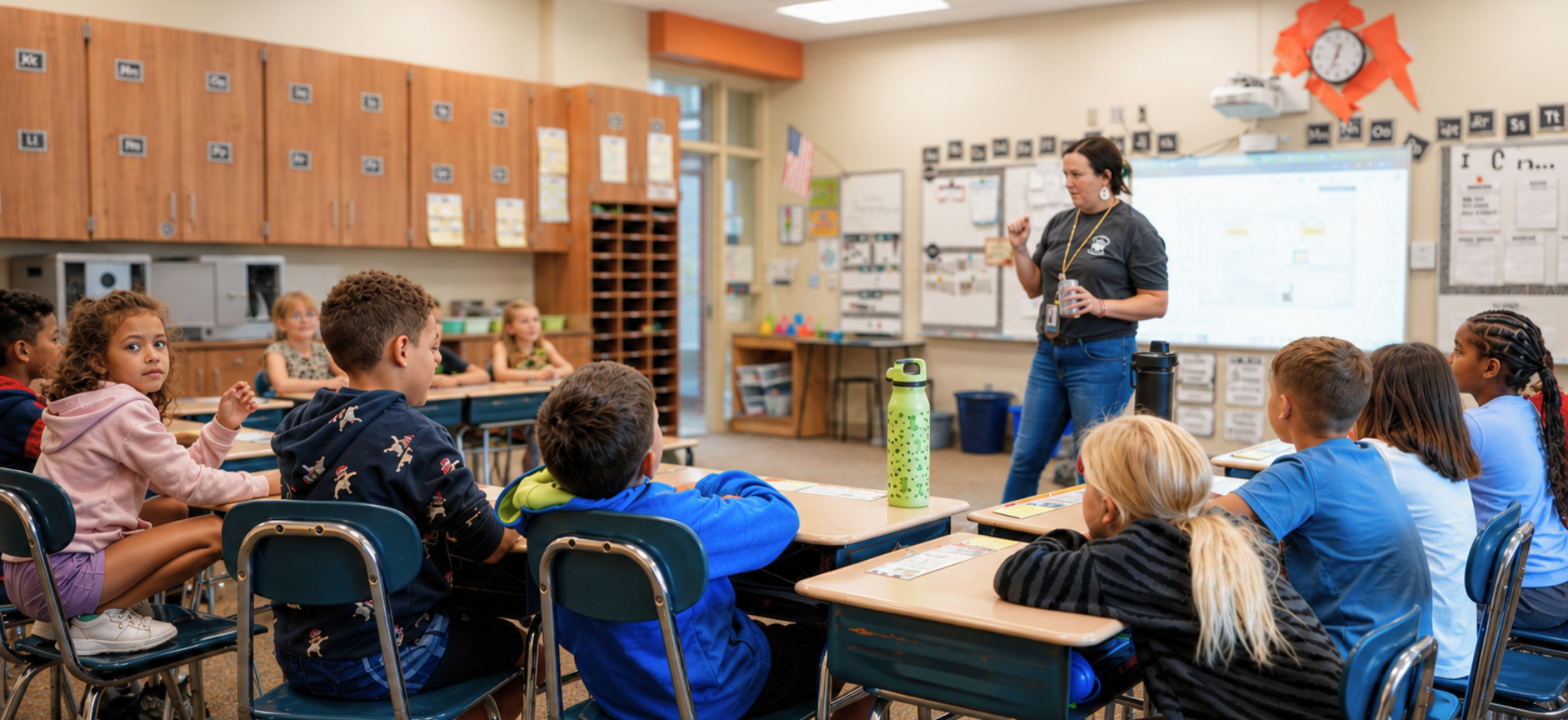 Classroom scene with students focused on a teacher.