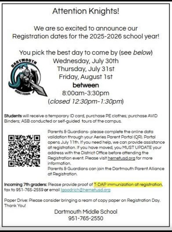 Registration Dates for the ‘25-‘26 School Year