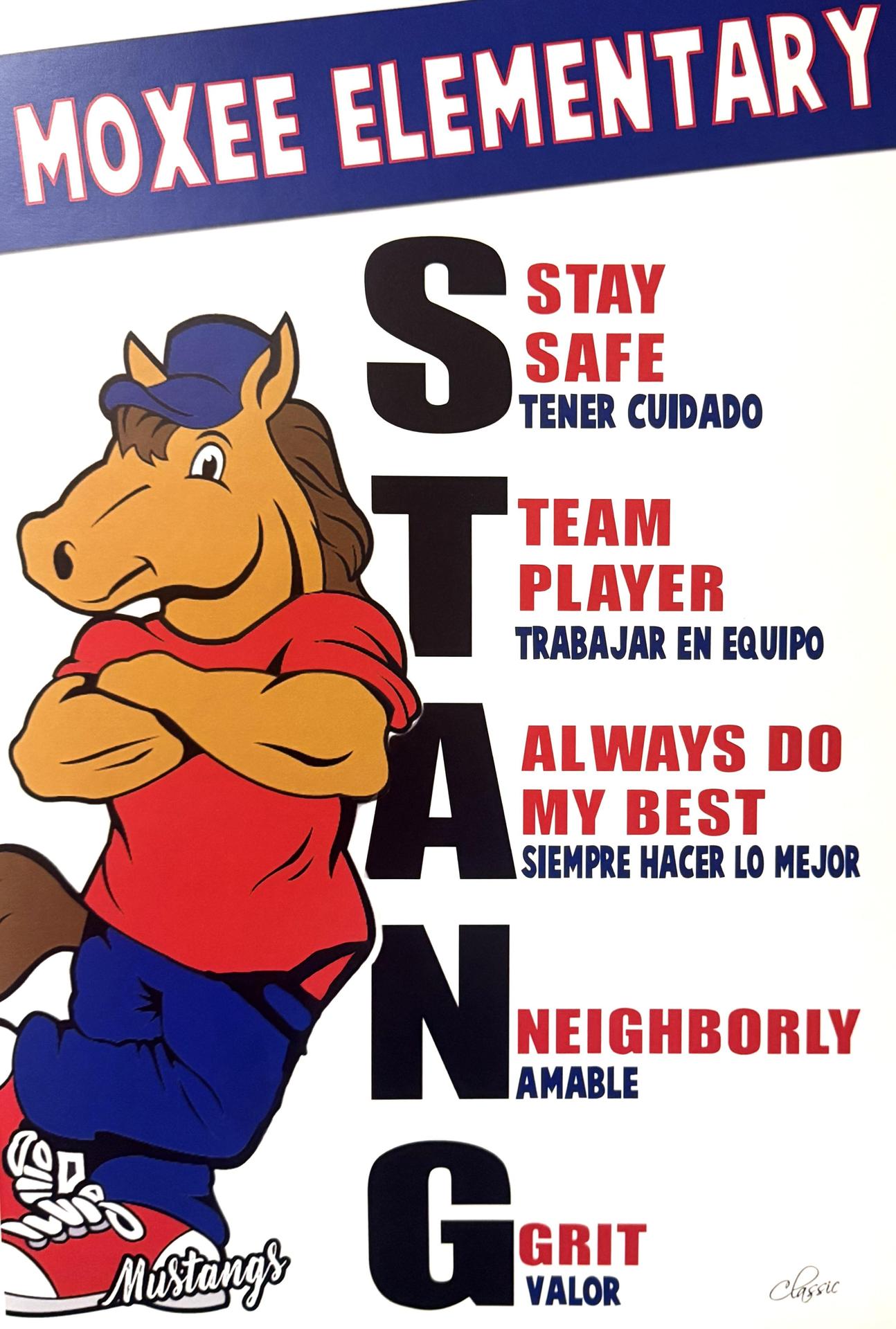 Moxee Elementary STANG Traits - Stay Safe, Team Player, Always do my Best, Neighborly, Grit