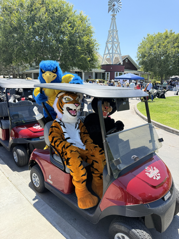 Two mascots in a golf cart, one resembling a tiger and the other a blue bird.
