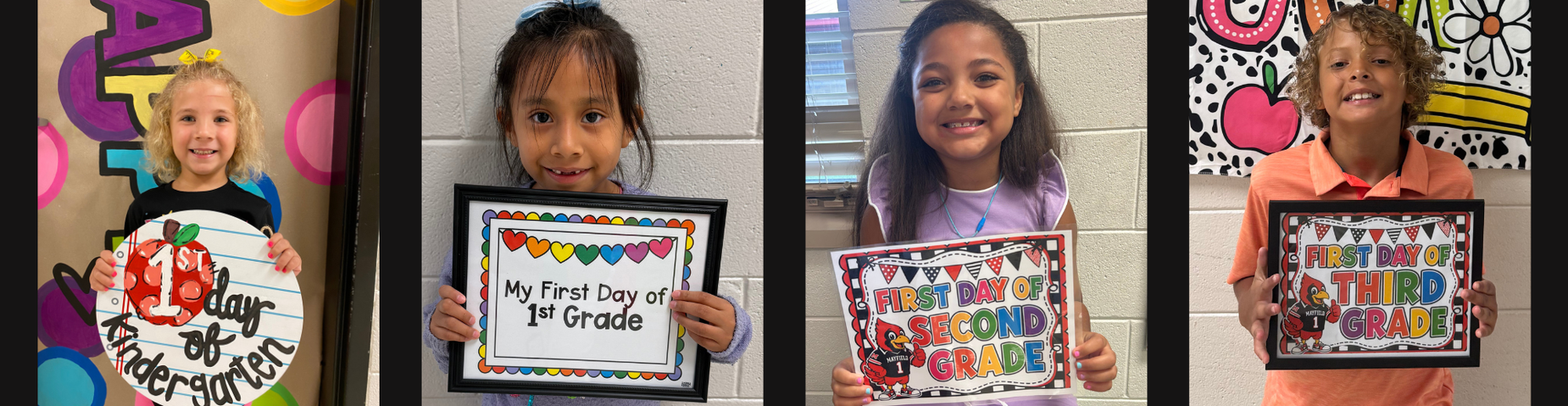 4 students, grades Kindergarten through 3rd grade, pose for first day of school pictures.