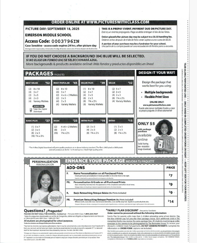 A school picture order form with package options and add-ons. Un formulario de pidido de fotografias escolares con opciones de paquetes y complementos