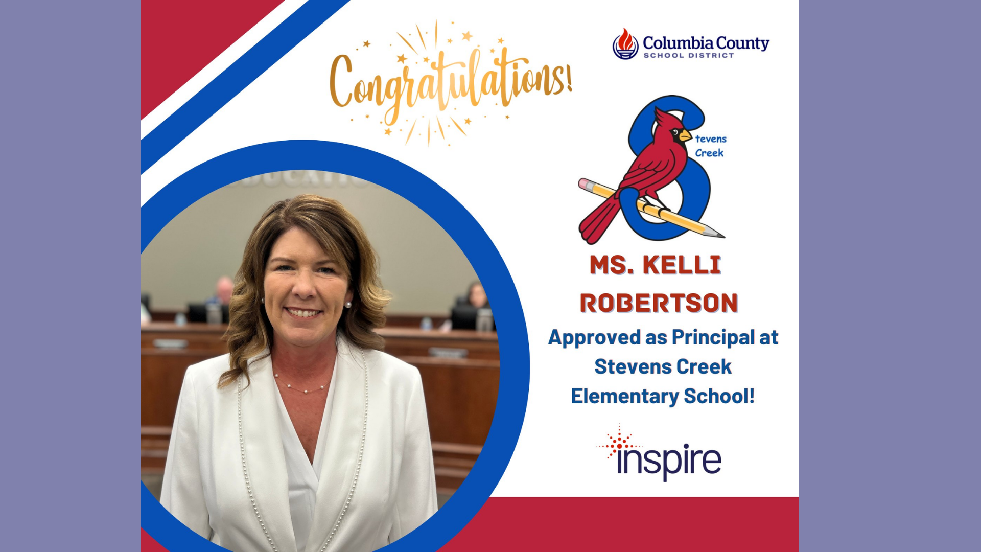 Woman smiling in front of a blurred background with congratulatory text.