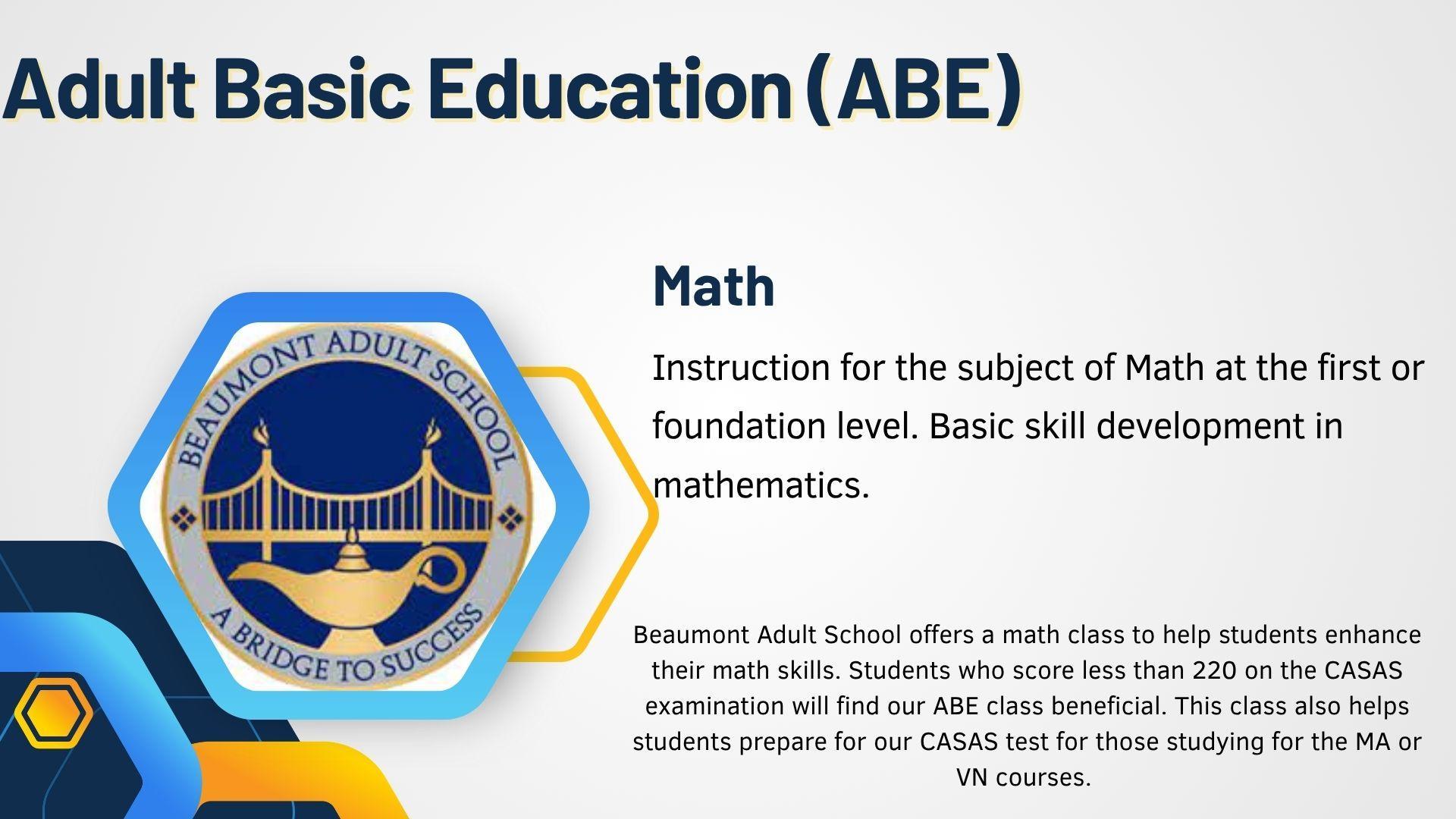 Instruction for the subject of Math at the first or foundation level. Basic skill development in mathematics.