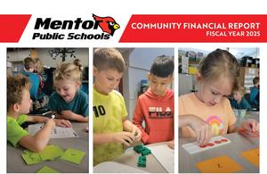 three photos on the cover of the financial report including students working on math problems in classrooms