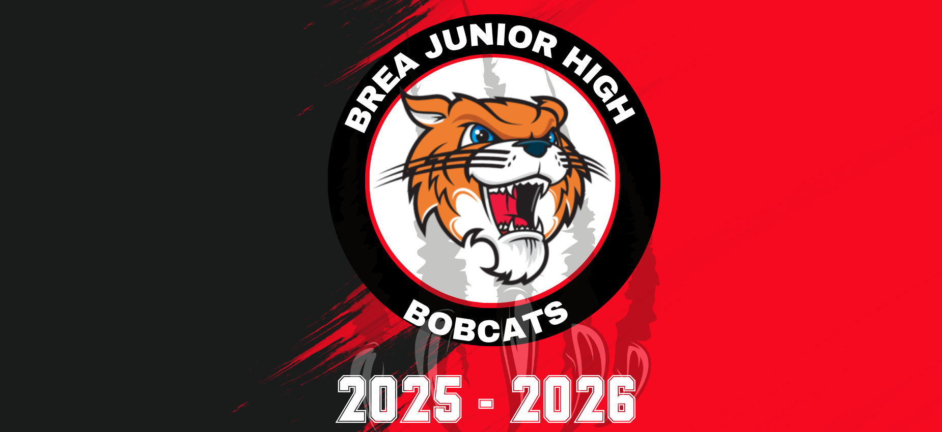 Brea Junior High Bobcats logo featuring a fierce bobcat mascot with the text '2025 - 2026'.