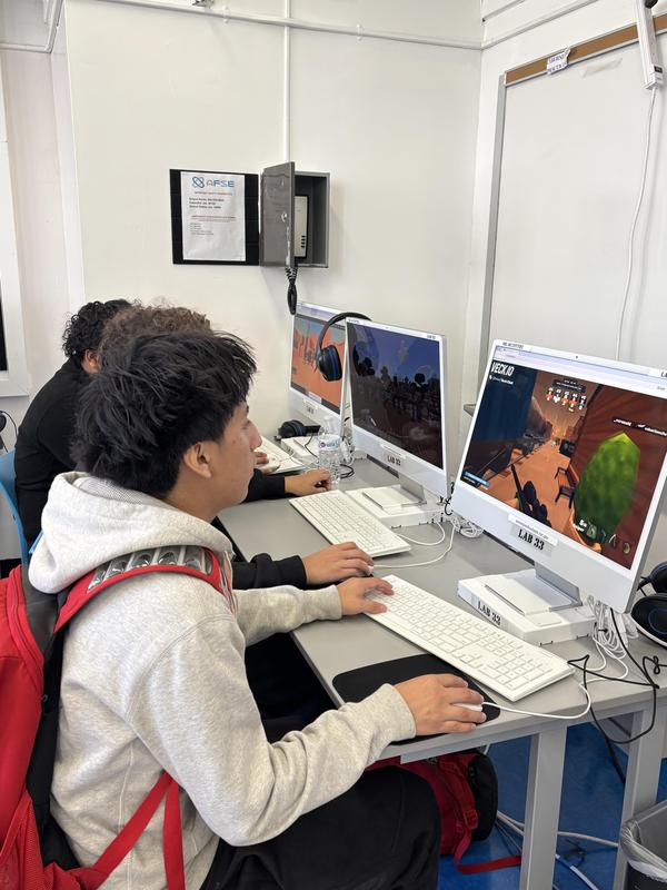 Students engaged in gaming at computer workstations.