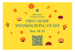 A yellow background with orange pumpkins, corn, pies