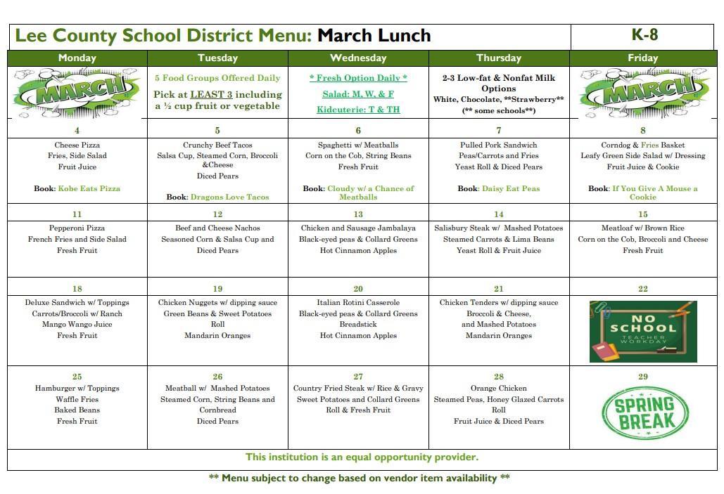 MENUS – Child Nutrition and Food Service – Lee County School District