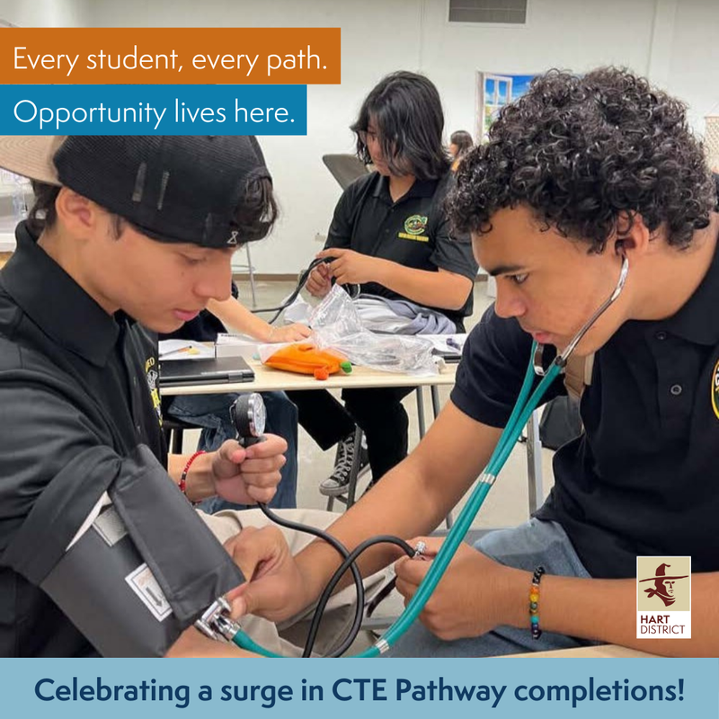 High school students conducting blood pressure checks in a CTE classroom with text overlays that read,  Celebrating a surge in CTE Pathway completions! Every student, every path. Opportunity lives here.