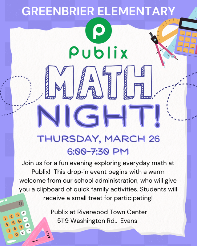Invitation for a Math Night event with details and playful school-themed graphics.